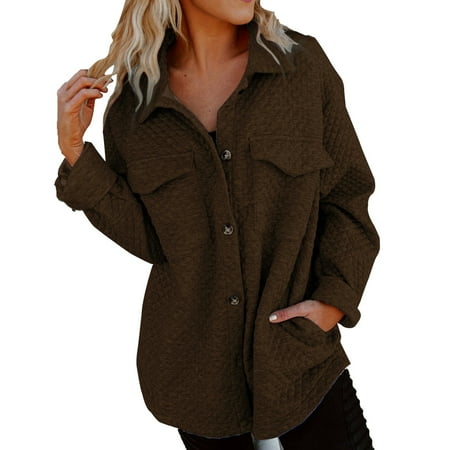 BSDJILFG Varsity Jacket Women Casual Waffle Knit Shirts Button Down Blouse Long Sleeve Lapel Tops Baseball Outerwear Jackets Button Jackets Fall