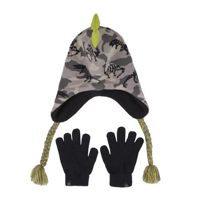 Skechers Boy's Dino Camo Jacquard Hat and Glove Set | Green | Poly Blend