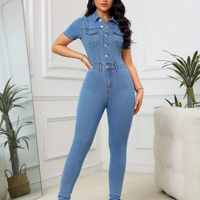 TEMU Plain Washed Blue Skinny Fit Short Sleeve Single-breasted Denim Overalls Jumpsuit, Women's Denim Jeans & Clothing