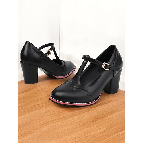 braune Mary-Jane-Pumps mit T-Riemen und Brogue-Details im Vintage-Stil für Damen – klobige Absätze fürs Büro, Retro-Mode und legere Anlässe