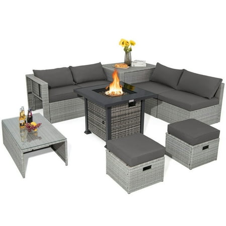GVN Outdoor Furniture Sets Outdoor Conversation Set 9 Pieces Outdoor Patio Furniture Set with 32-Inch Propane Fire Pit Table-Gray