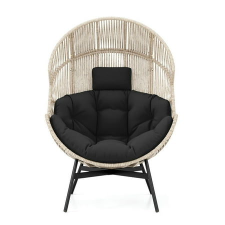 Kepooman Patio Chairs Outdoor Chaise Lounge Chair Wicker Oversized Egg Style Chair with Cushions and Headrest-Black
