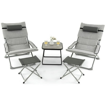 Spaco 5-Piece Patio Sling Chair Set with Comfortable Seat Cushions Folding Lounge Chairs with Footrests and Coffee Table Chair Set for Outdoor Gray