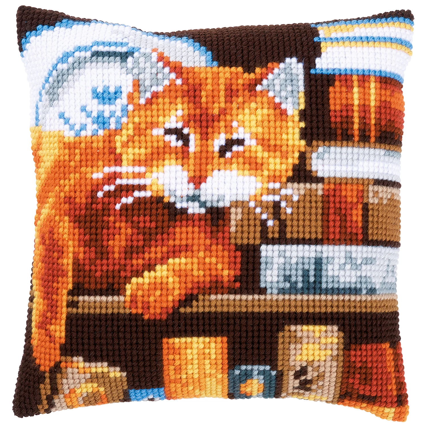 Coussin point de croix "chat sur livres"