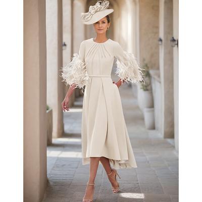 A-Line Mother of the Bride Dress Wedding Guest Elegant Jewel Neck Asymmetrical Stretch Fabric Half Sleeve with Feather 2025 free custom size