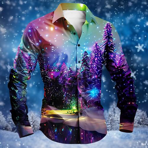 Men's Tree Snowflake Shirt Button Up Shirt Long Sleeve Fashion Casual Party Evening Wear Daily Fall Winter Spring Summer Shirt Collar Button Up 3D Print Black Blue Purple Green Dark Blue