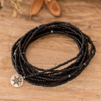 Infinite Glam,'Black Beaded Wrap Bracelet that Doubles as a Strand Necklace'