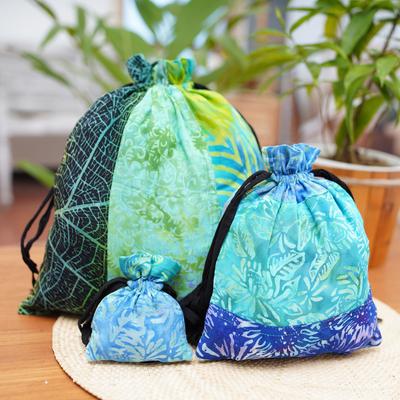 'Eco-Friendly Set of 3 Blue and Green Patchwork Gift Pouches'