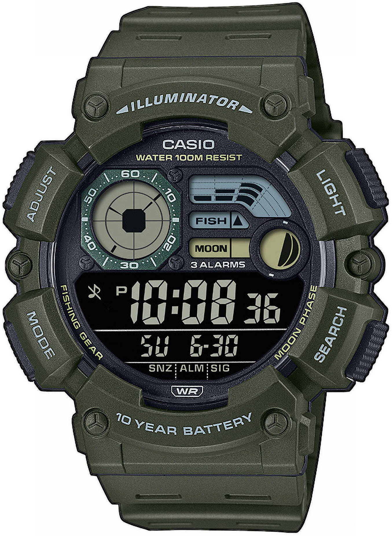 Chronograph, grün (khaki), CASIO TIMELESS COLLECTION, Armbanduhren, Herren, Chronograph, Quarzuhr, Armbanduhr, Herrenuhr, Digitaluhr, Resinarmband, Mondphase