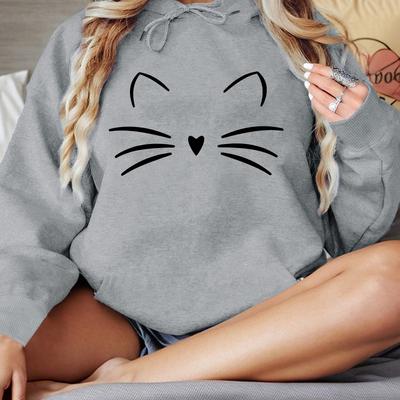TEMU Cat Face Print Drawstring Hoodie, Casual Long Sleeve Kangaroo Pocket Hoodie Sweatshirt, Women's Clothing Image