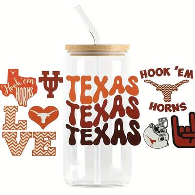 TEMU Texas-themed Waterproof Stickers - Uv Dtf, Matte Finish For 16oz Glasses, Mugs, Laptops & More - Durable Pvc Decals With Cow Head, , Football Designs