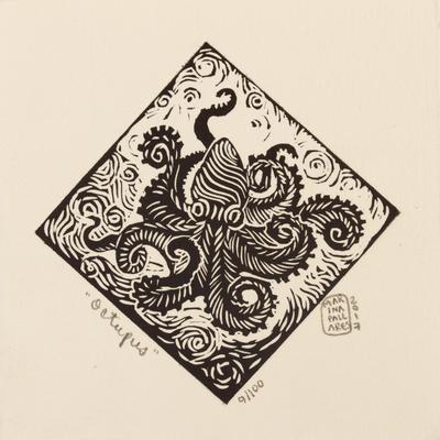 Octopus,'Octopus Theme Signed 4-Inch Linoleum Block Print'