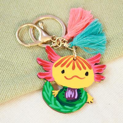 'Hand-Painted Axolotl-Themed Wood Keychain and Bag Charm'