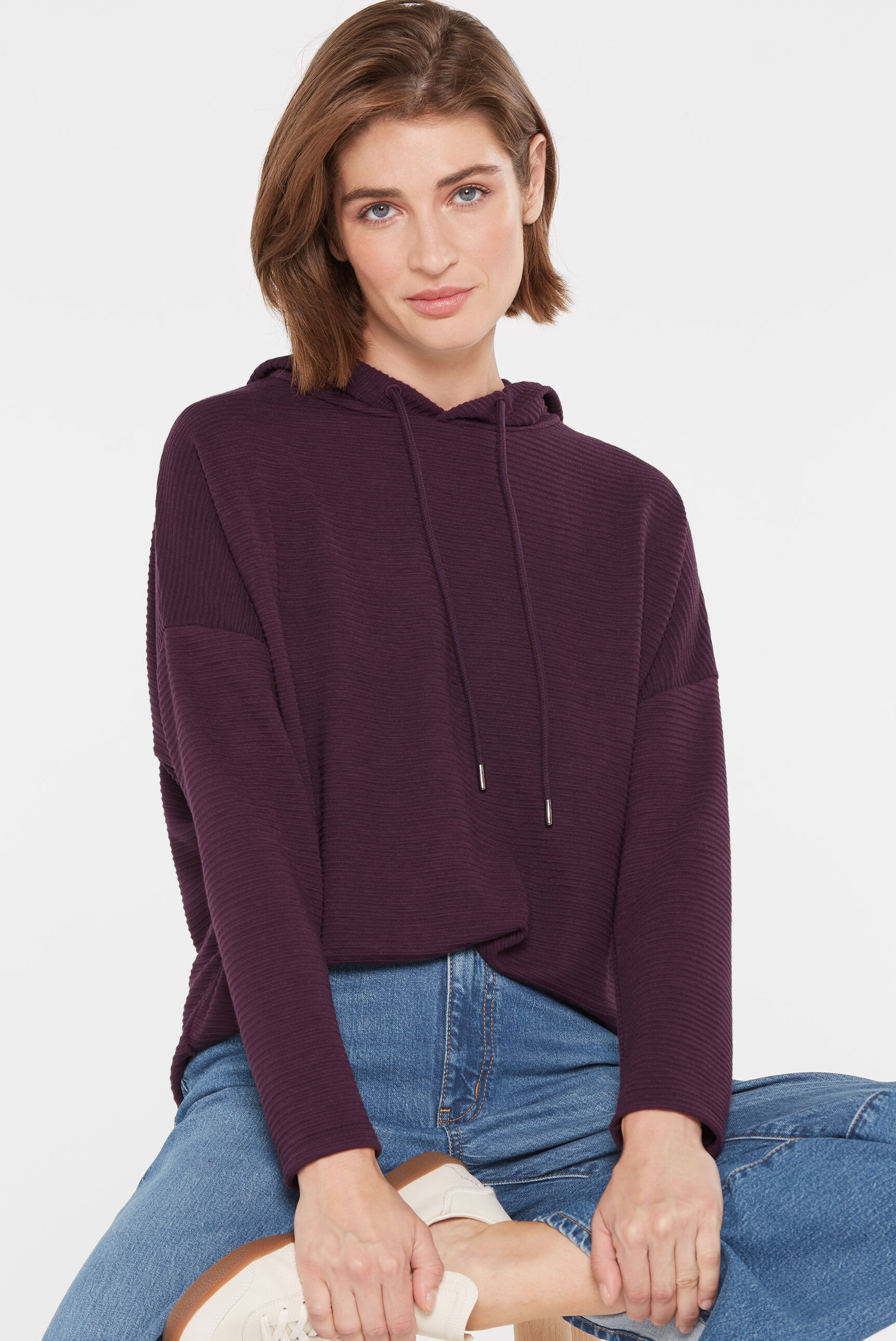 Kapuzensweatshirt SENSES.THE LABEL, Damen, Gr. M, lila (deep plum), Material: 100% Polyester, Strukturmuster, regular fit, Rundhals, eingesetzt elastischer Bund, Sweatshirts, mit überschnittenen Schultern