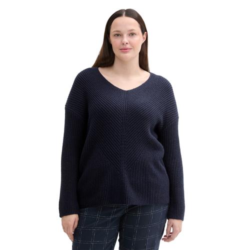 Strickpullover TOM TAILOR PLUS Gr. 46, blau (sky captain blue) Damen Pullover mit Rippstruktur