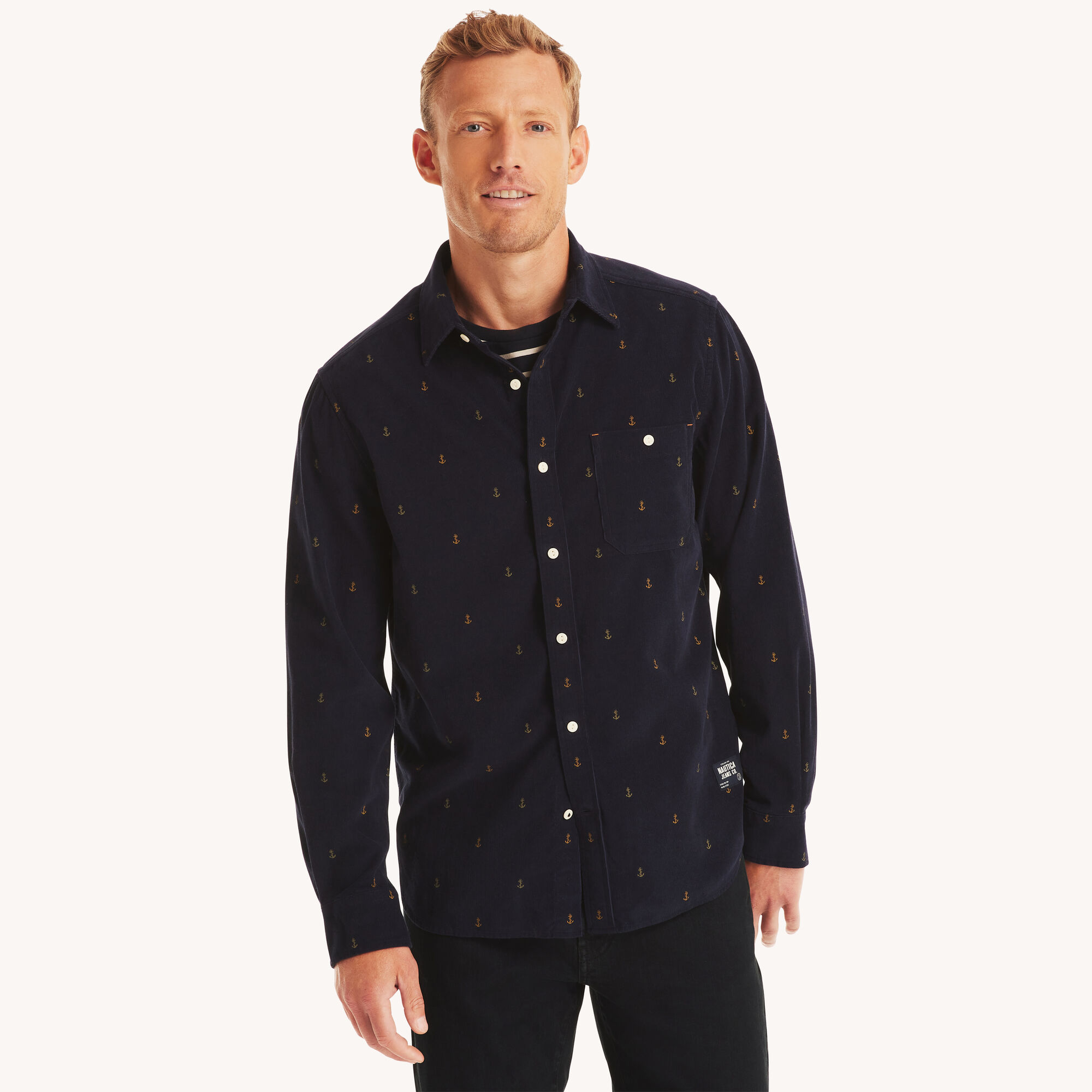 Nautica Men's Corduroy Printed Shirt 482 (Stellar Blue Heather), S