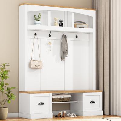 Hall Tree Hallway Storage Bench with Shoe Cubbies and Coat Rack with Hooks