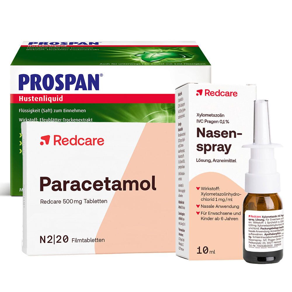 Prospan® Hustenliquid im Stickbeutel + Redcare Paracetamol 500mg Xylo 0,1% Nasen 1 St Set Image