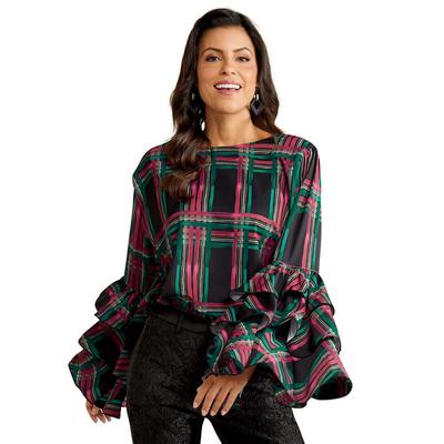 Masseys Tiered Ruffle Sleeve Blouse (Size 3X) Black/Plaid, Cotton,Polyester