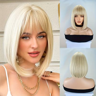 TEMU Chic Blonde Bob Wig With Bangs For Women - Short, Heat-resistant Synthetic Hair, & Parties, 12 Inches