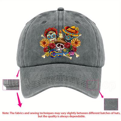 TEMU Festive Skull And Flower Baseball - Adjustable, Cotton, Sun Protection, Hand Washable