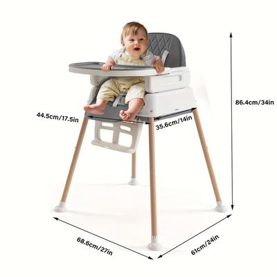 TEMU 3-in-1 Portable Baby High Chair Baby Fedding Chair With Adjustable Feeding Tray, 5 Point Harness, Adjustable Height, Gray, For Baby Boy And Baby Gril