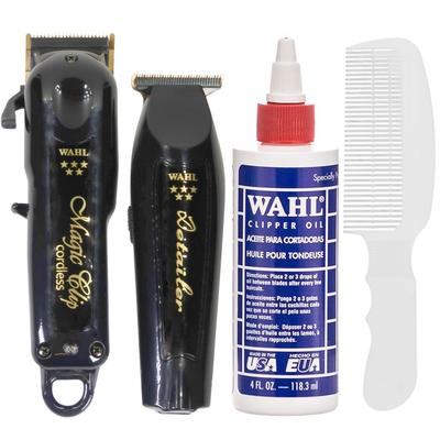 Wahl Barber Combo - 5 Star Cordless Magic Clip & Cordless Detailer Li 3025397 + Clipper Oil 4oz + Flat Top Comb White