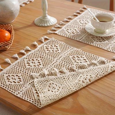 TEMU 1pc Handmade Crochet Bohemian Minimalist Solid Color Placemat, Rustic Farmhouse Style For Dining Table, Kitchen, Bohemian Wedding Decor, Polyester, Washable, Square, Christmas Gift, Thanksgiving Image