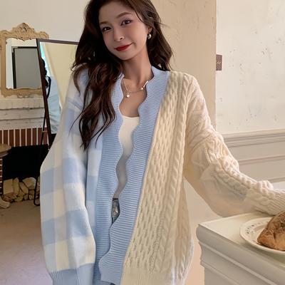 TEMU Gingham Scallop Open Front Cardigan, Stylish Long Sleeve Patch Pocket Textured Cardigan For Fall & Winter, Women's Clothing