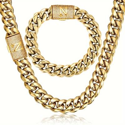 TEMU 2pcs Miami Cuban Link Chain Set For Men 18k Golden Plated Stainless Steel Cut Faux Diamond Initial Letter N Buckle Bracelet Necklace Hip Hop Jewelry Set