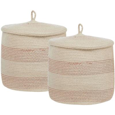 Set aus 2 Aufbewahrungskörben Hellbeige und Rosa Baumwolle gestreift mit Deckel Boho Accessoires Image