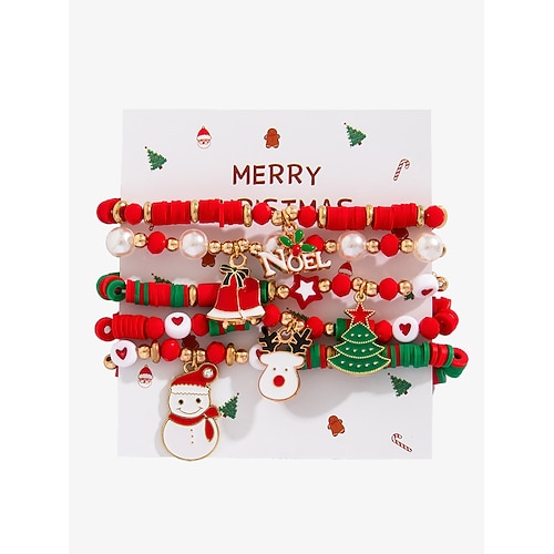 set di braccialetti con perline con ciondoli natalizi – braccialetti sovrapposti rossi, verdi e bianchi con ciondoli a forma di Babbo Natale, albero e regalo – perfetti per la moda e i regali delle feste