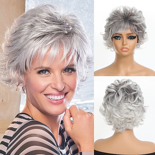 parrucca da donna capelli corti e ricci, parrucca grigia piccola con capelli ricci parrucca da donna capelli corti e ricci, parrucca in seta simulata ad alta temperatura