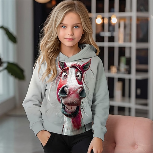 Mädchen 3D Graphic Tier Pferd Kapuzenshirt Langarm Herbst Winter Modisch bezaubernd Basic kinderkleidung 4-12 Jahre Mit Kapuze Outdoor Casual Täglich Regular Fit Image