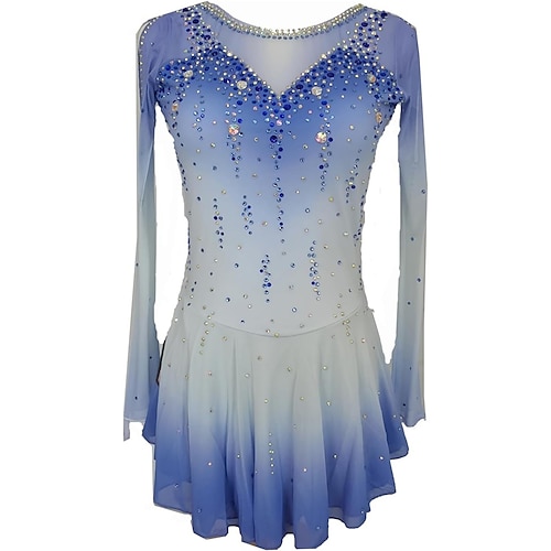 Eiskunstlaufkleid Damen Mädchen Eislaufen Kleid Blau Patchwork Netzstoff Hohe Elastizität Training Wettbewerb Eiskunstlaufkleidung Klassisch Kristall / Strass Langarm Eislaufen Eiskundstlauf Image