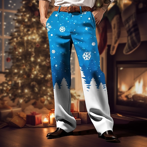 Weihnachtshose für Herren mit Weihnachtsszenen-Aufdruck, Schneeflocke, Business-Casual-Hose mit 3D-Aufdruck, Outdoor-Straßenkleidung für die Arbeit, hässliche Polyesterhose in Weingelb und Blau, S, Image