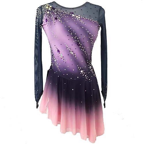 Eiskunstlaufkleid Damen Mädchen Eislaufen Kleid Purpur Patchwork Netzstoff Hohe Elastizität Training Wettbewerb Eiskunstlaufkleidung Klassisch Kristall / Strass Langarm Eislaufen Eiskundstlauf Image