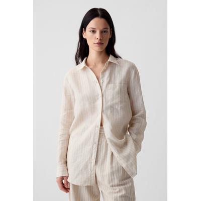 Gap Womens Cream Stripe 100% Linen Long Sleeve Oversized Shirt - Cream Stripe