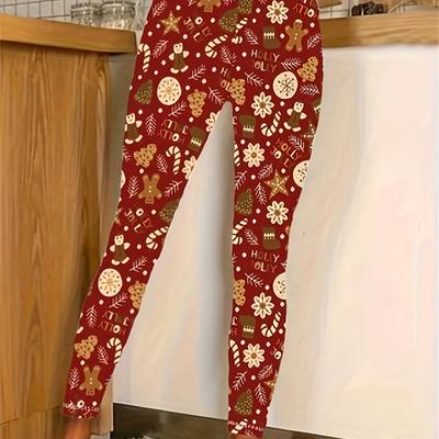 TEMU Plus Size Christmas Gingerbread Man Print Skinny Leggings, Casual High Waist Stretchy Leggings, Women's Plus Size Clothing