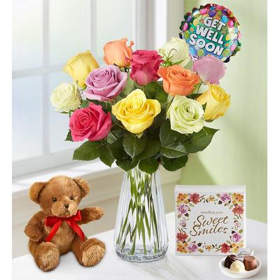 1-800-Flowers Flower Delivery Get Well Assorted Roses 12 Stems W/ Clear Vase, Bear & Chocolate