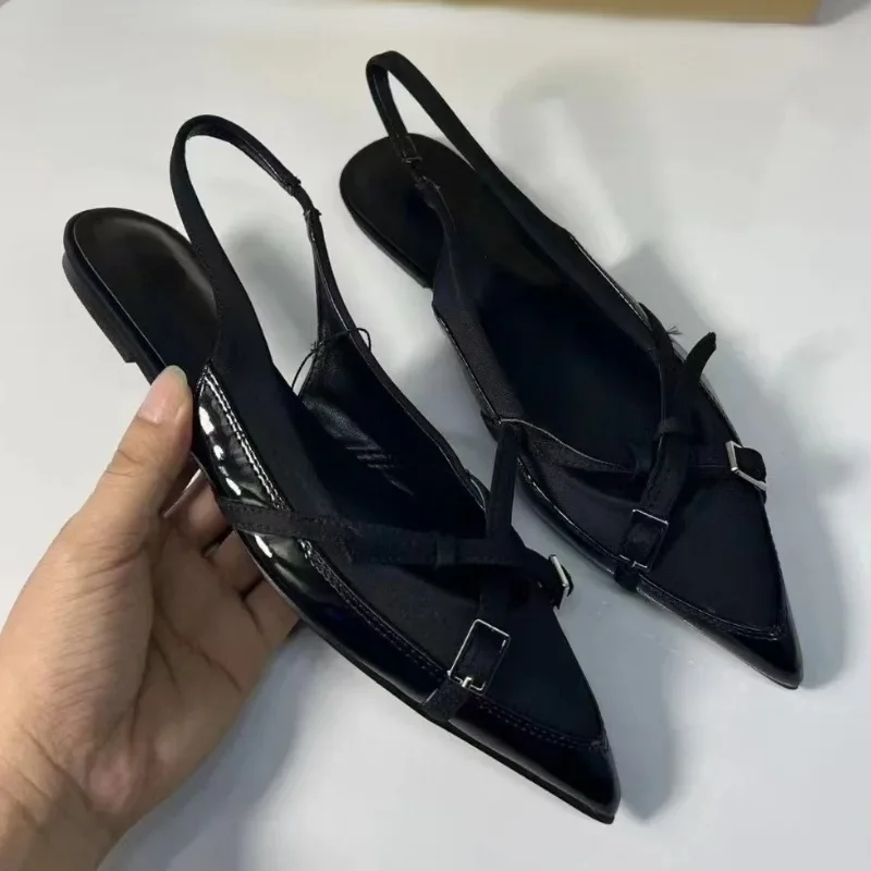 High Quality Women Flat Sandals Cross Strap Buckle Trend Black Office Lady Shoes Pointed Toe Luxury Designer Summer Footwear