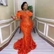 Orange Aso Ebi Lace Mermaid Prom Dresses Sheer Neck Plus Size Cap Sleeve Evening Gowns Saudi Arabia Sweep Train Party Dress