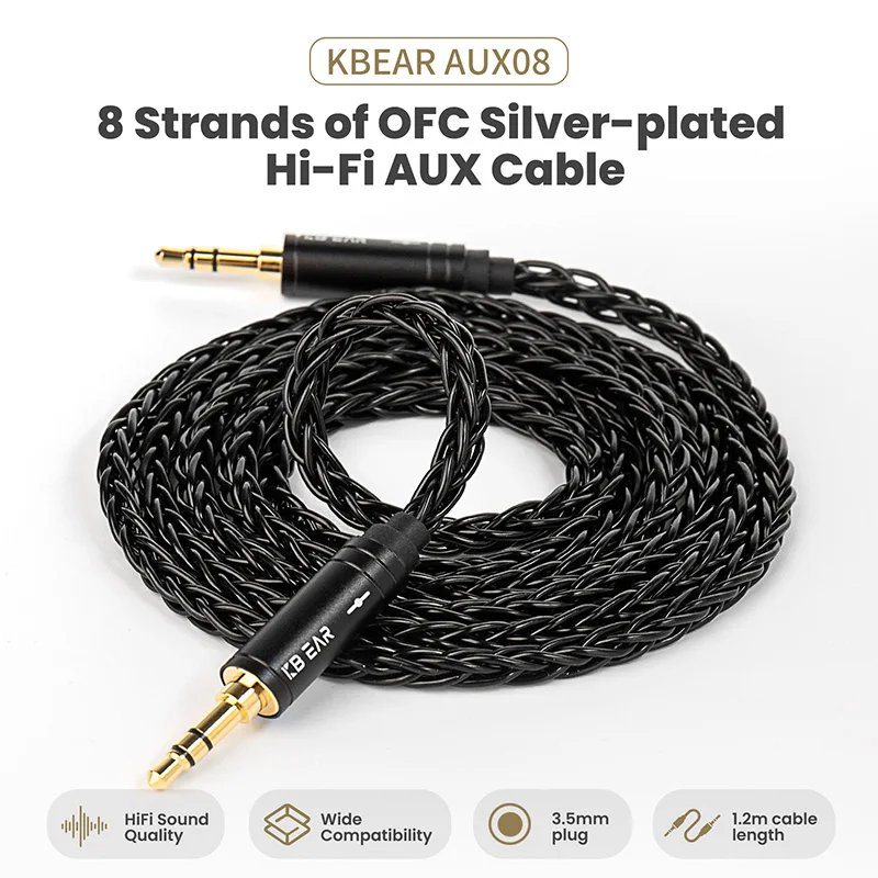 KBEAR AUX08 8 core HiFi AUX auricolare Cavo audio Cavo altoparlante Cavo Aux da 3,5 mm maschio a maschio per telefono Cuffia Auto MP3