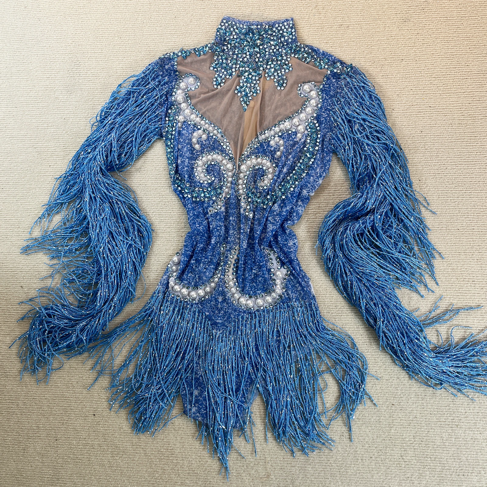 Mode blau Kristall Body Quasten sexy durchsichtig Club Party DS Performance Trikot Frauen Geburtstag Team Pole Dance Kleidung