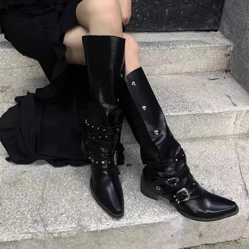Frau Schwarz Punk Kniehohe Plattform Niedrigen Absatz Trend Punk Gothic New Rock Leder Mode Frauen Chunky Knight Motorrad Schuhe