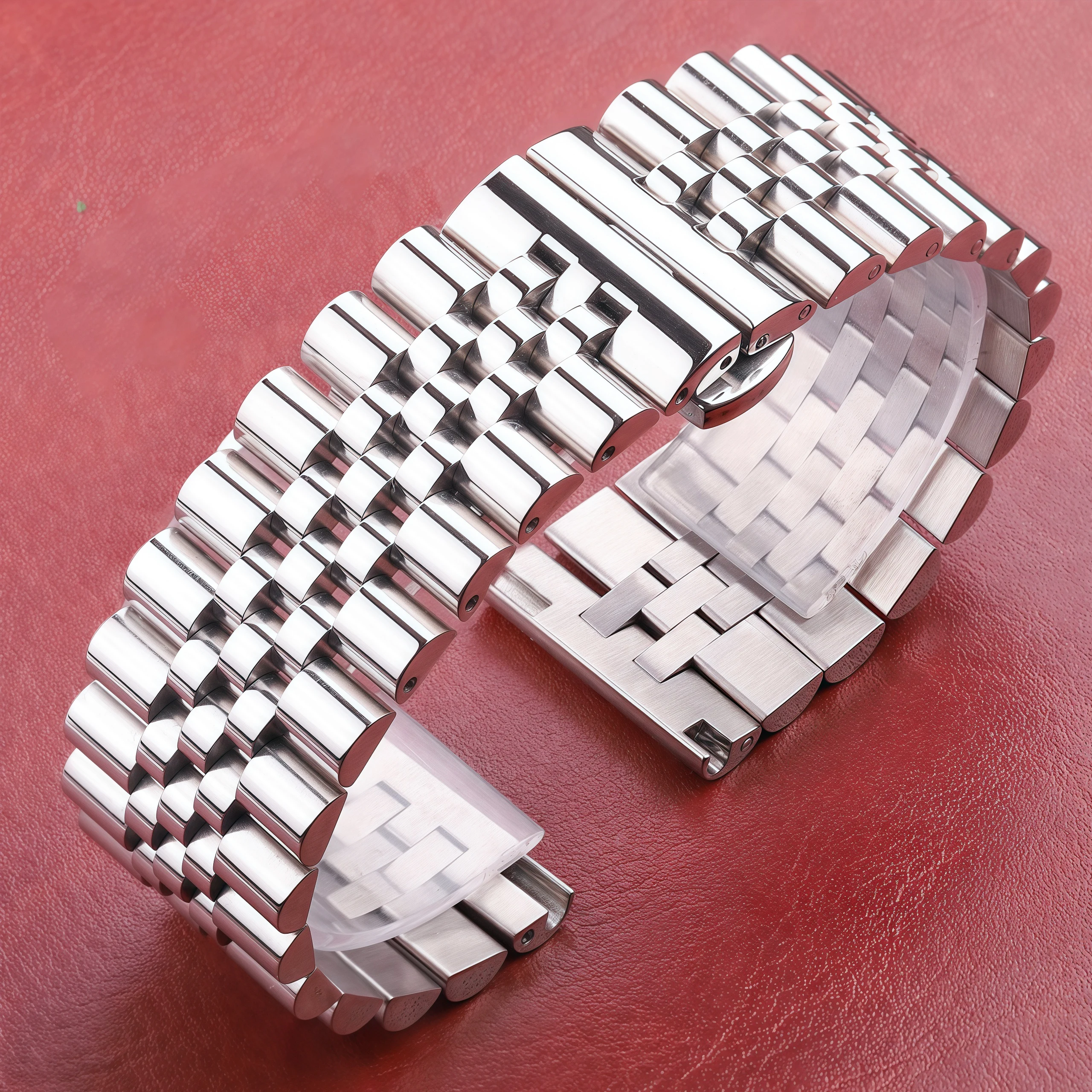 Universal Edelstahl Uhren armband Silber poliertes Metall Armband Doppel knopf Schmetterlings schnalle 16mm bis 22mm Uhren armbänder Image