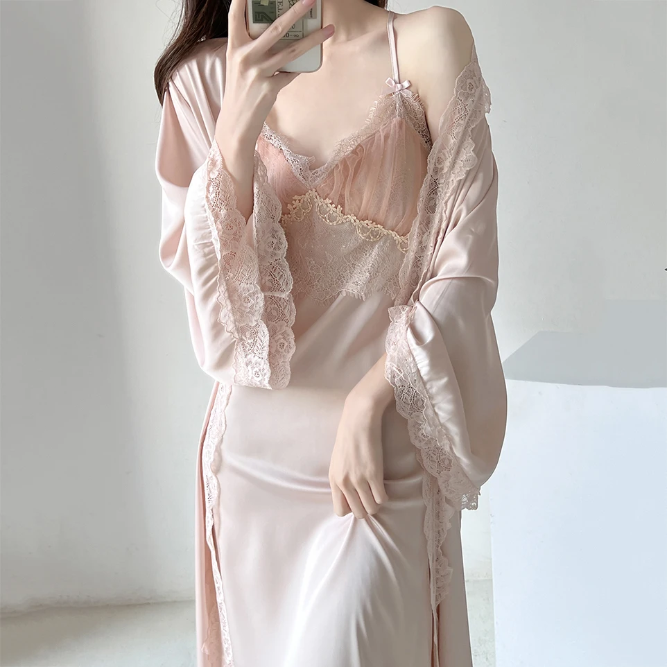 Sexy Weibliche Lange Kimono Bademantel Nachthemd Rosa Patchwork Spitze Hochzeit Nighty & Robe Set Sommer Nachtwäsche Casual Satin Hause Tragen