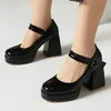 Patent Schwarz Rosa Runde Zehen Damen Pumps Schnalle Gürtel Reife Lolita Chunky High Heels Große Größe 44 45 46, Plattform Mary Janes Schuhe