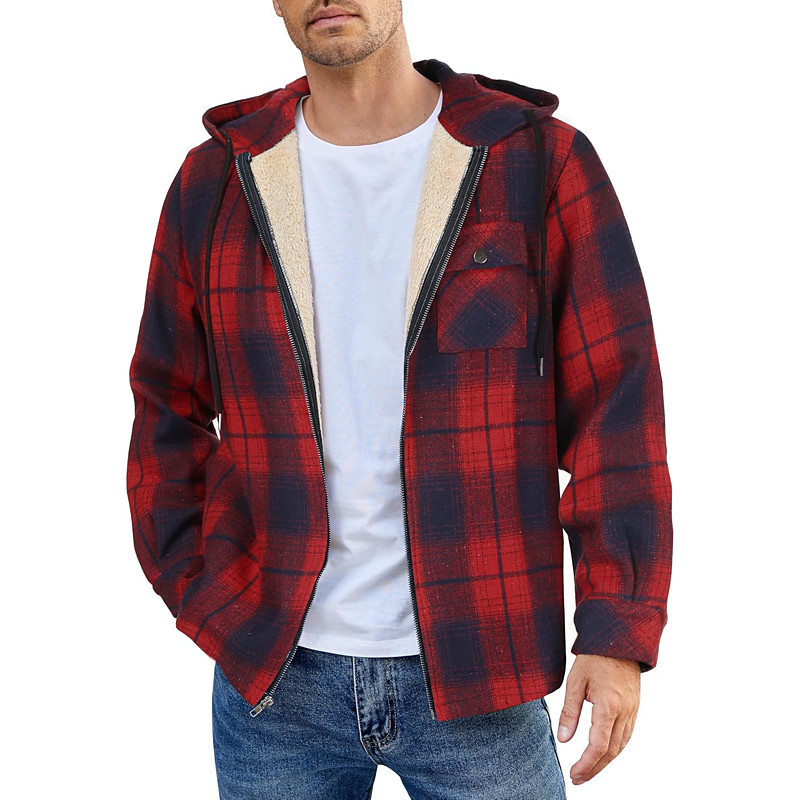 Men's Shirt Jacket Hoodied Jacket Shacket Flannel Fleece Jacket Daily Vacation Thermal Warm Hooded Fall Winter Plaid Checkered Fashion Streetwear Lapel Regular Black Dark Red Light Green Red Blue
