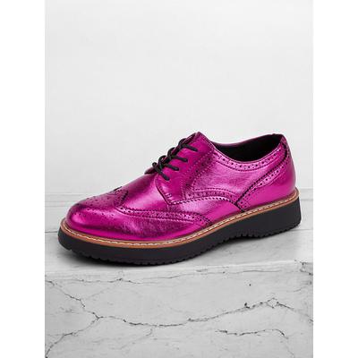 Women's Metallic Pink Brogue Oxford Shoes with Wingtip Design, Lace-Up Casual Dress Shoes for Parties and Fashion Events